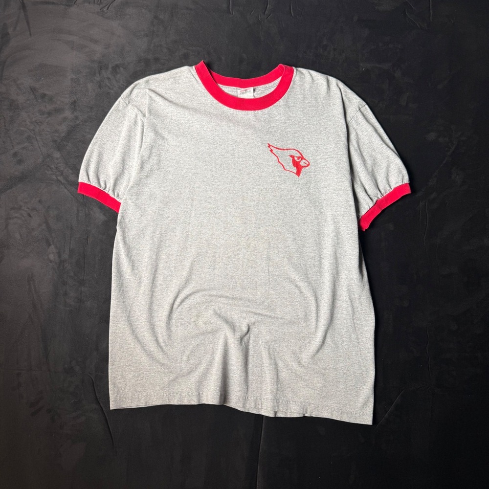 90s Mens Anvil Cardinal Bird Graphic Ringer T-Shirt Sporty Grey Red Large